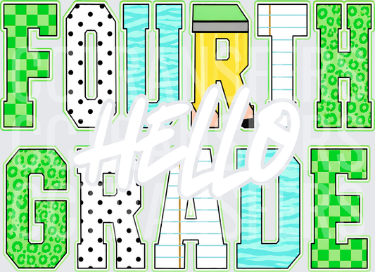 Fourth Grade Patterned Block Letters Green (DTF)