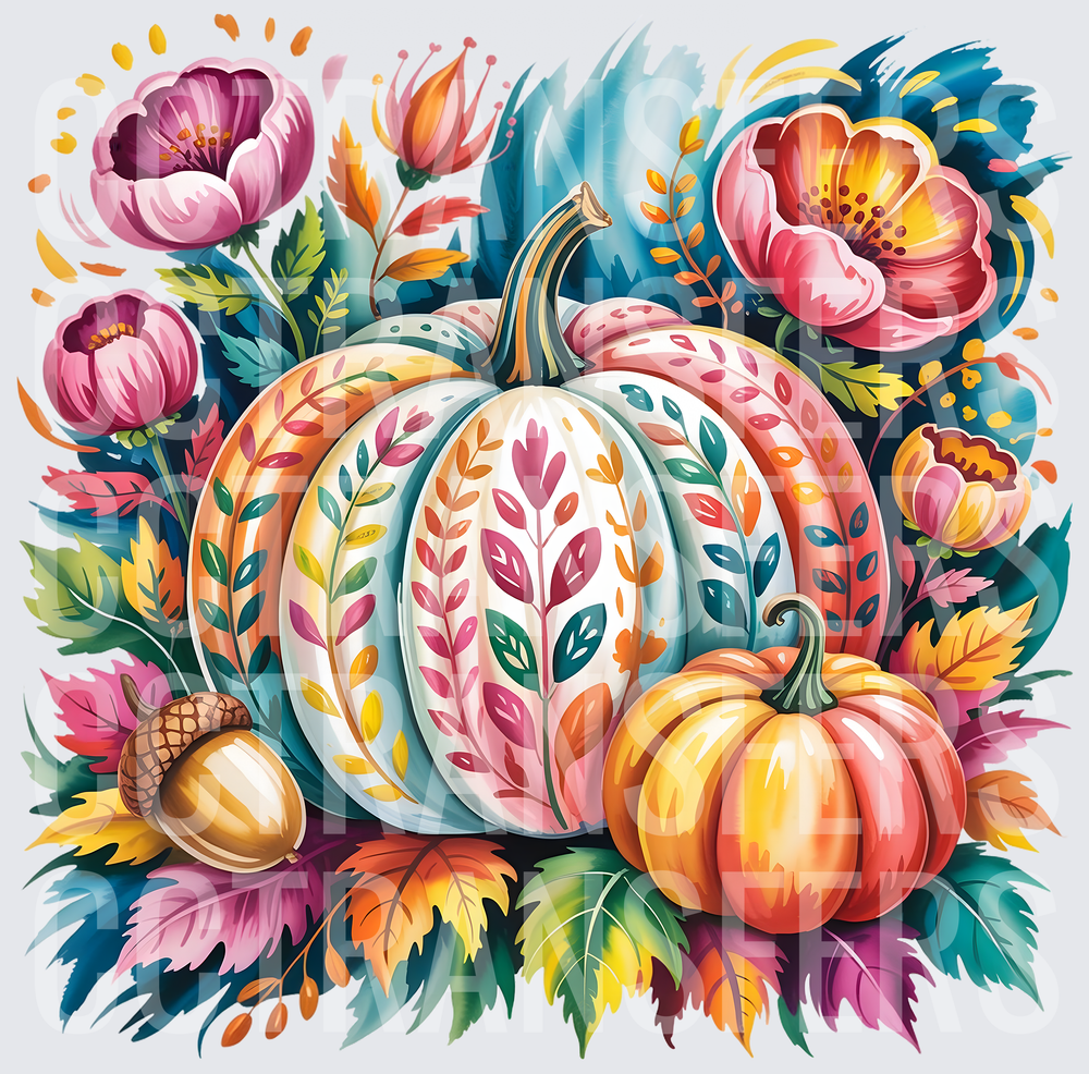 Colorful Floral Pumpkin Autumn Harvest Botanical (DTF)