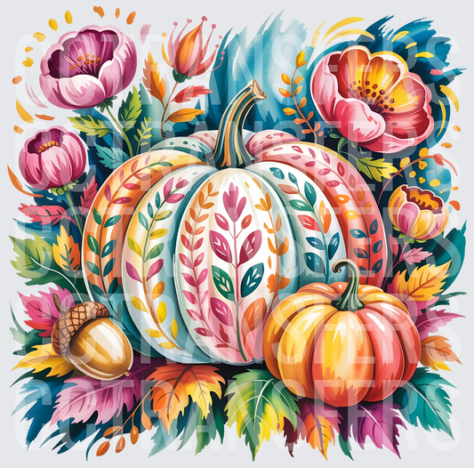 Colorful Floral Pumpkin Autumn Harvest Botanical (DTF)