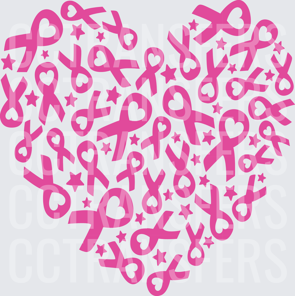 Pink Awareness Ribbon Heart with Stars and Hearts (DTF)