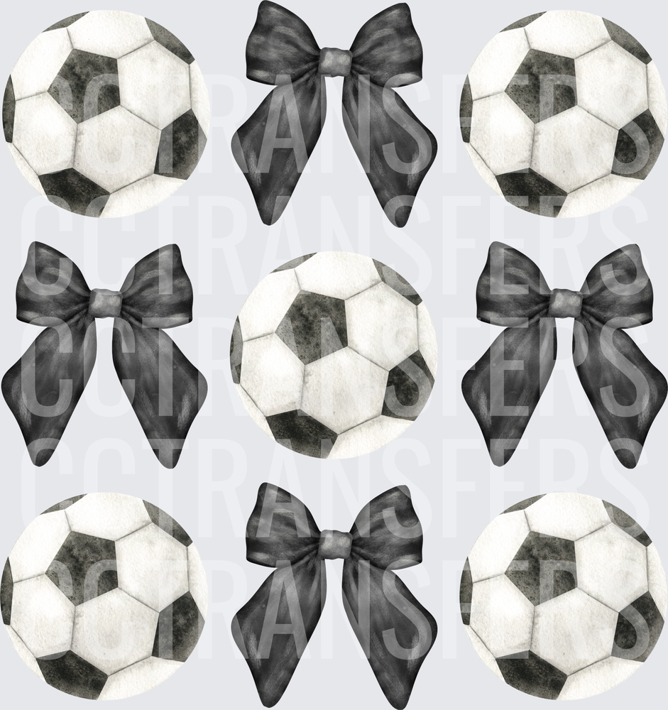 Watercolor Soccer Balls and Black Bows Pattern (DTF)