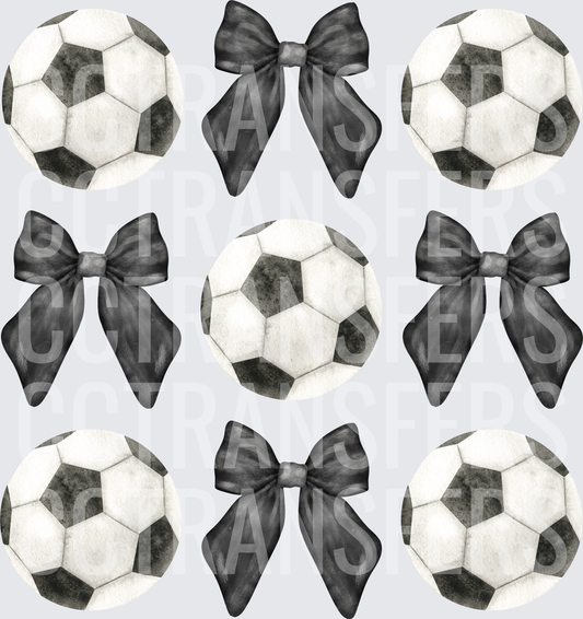 Watercolor Soccer Balls and Black Bows Pattern (DTF)
