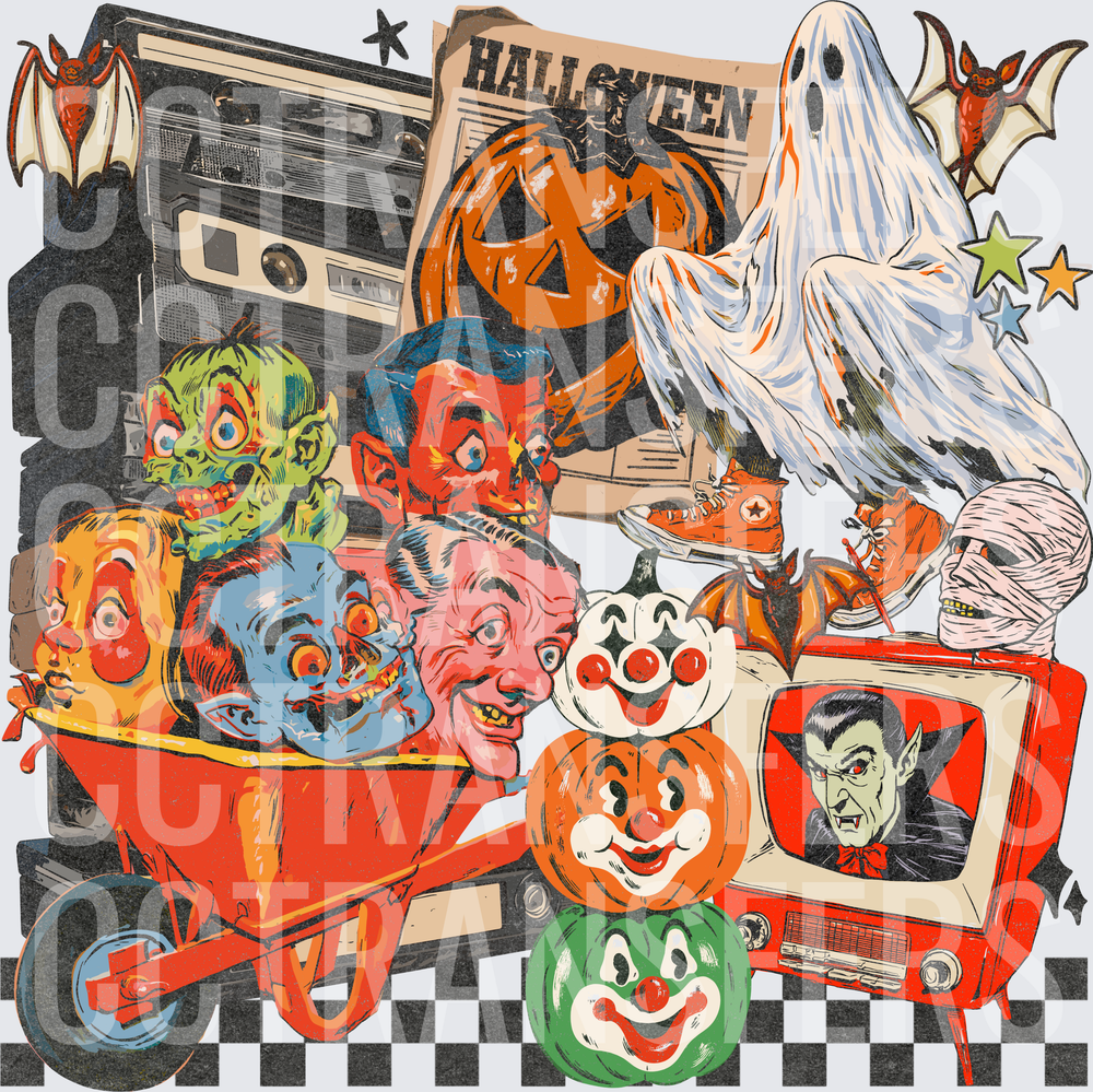 Retro Halloween Collage Monster Masks Ghost Vampire TV (DTF)
