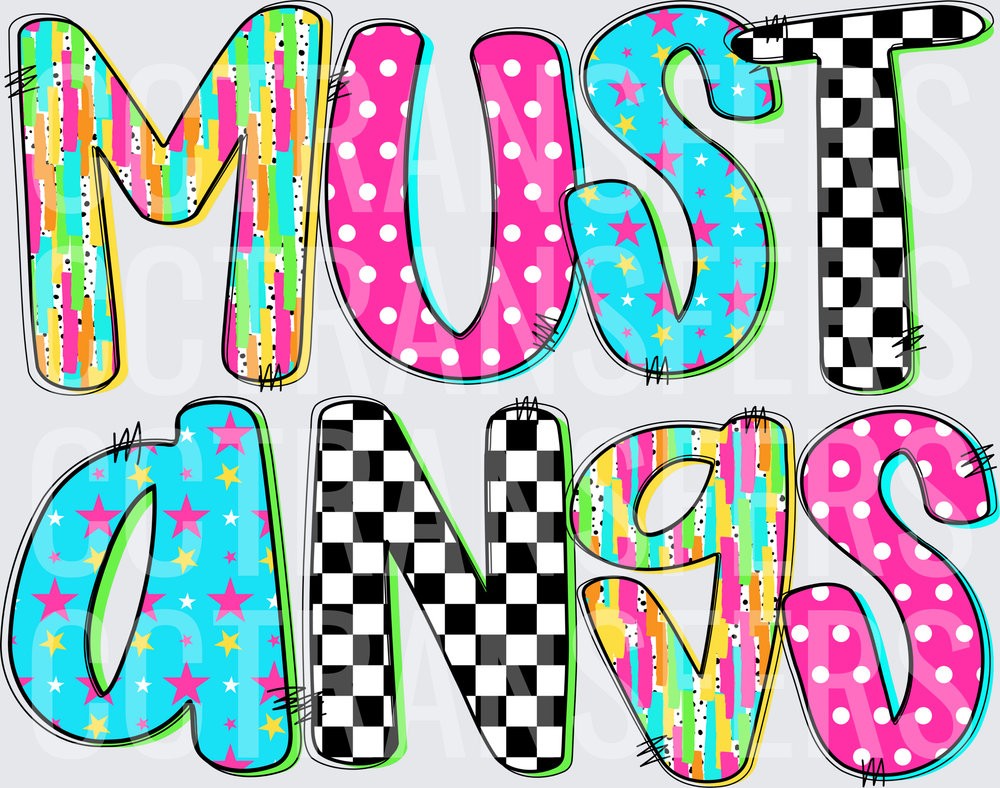 Mustangs Colorful Patterned Bold Letter Design (DTF)