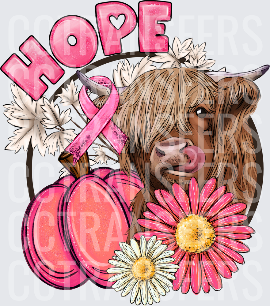Hope Breast Cancer Awareness Highland Cow Pink Pumpkin Floral (DTF)