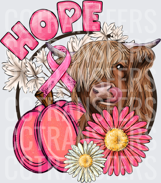 Hope Breast Cancer Awareness Highland Cow Pink Pumpkin Floral (DTF)
