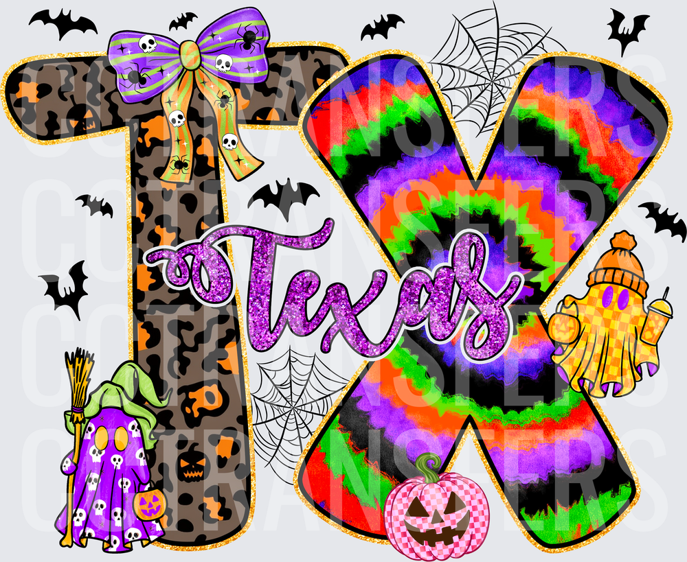 Halloween Texas TX Leopard Tie Dye Glitter Bow Bats (DTF)