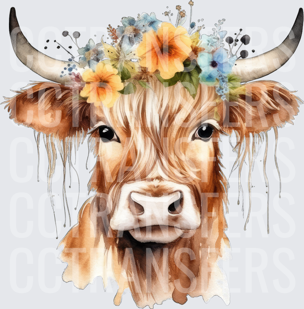 Watercolor Highland Cow Floral Crown Portrait (DTF)