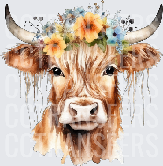 Watercolor Highland Cow Floral Crown Portrait (DTF)