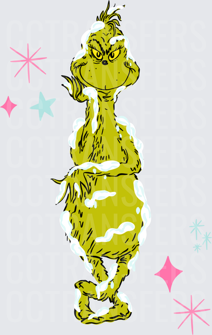 Grumpy Green G-Man Covered in Snow with Retro Stars (DTF)