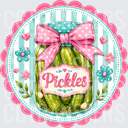 Coquette Pickles Mason Jar Pink Bow Floral Badge (DTF)