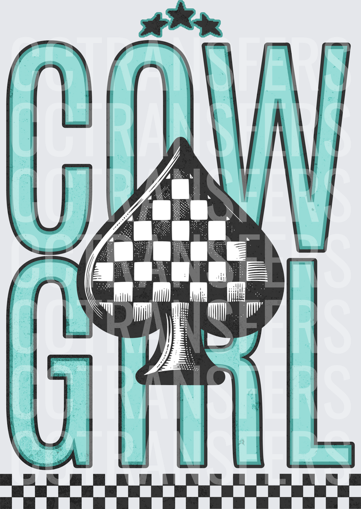 Cowgirl Checkered Spade Stars Teal Bold Retro (DTF)