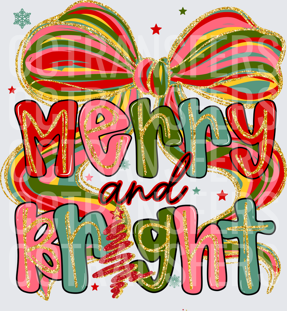 Merry and Bright Gold Glitter Bow Christmas Typography (DTF)