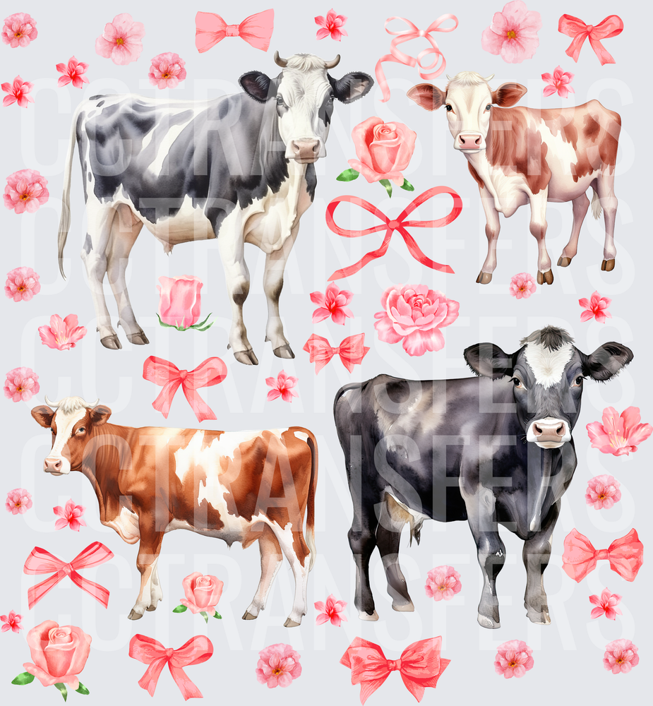 Watercolor Cows Pink Roses Bows Floral Bundle (DTF)