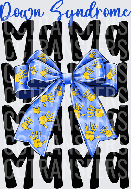 Down Syndrome Mama Stacked Blue Bow Yellow Handprints (DTF)