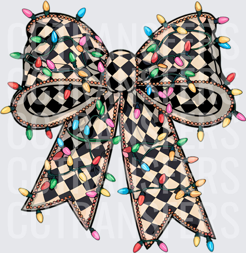 Black & Cream Checkered Bow with Colorful Christmas Lights (DTF)