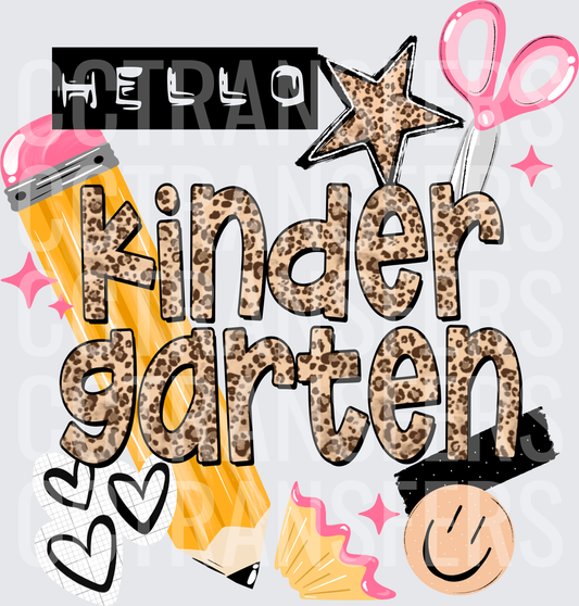 Hello Kindergarten Leopard Print School Supplies (DTF)