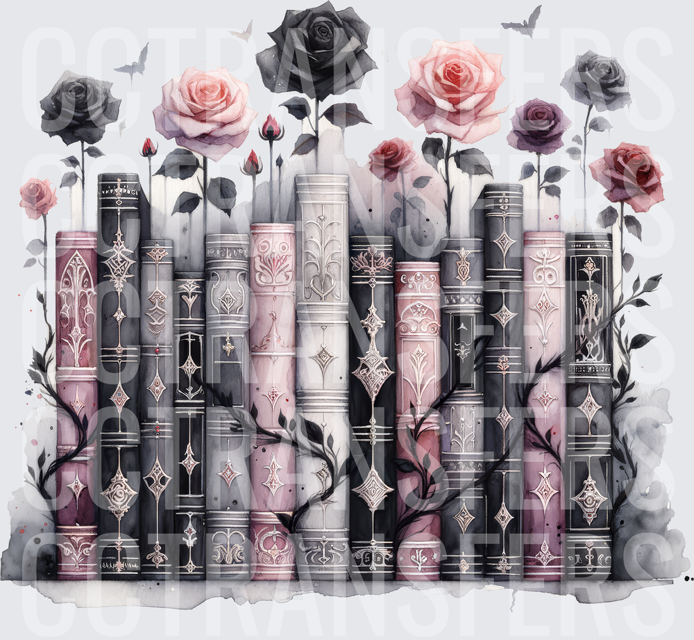 Gothic Books Black Pink Roses Bats Watercolor (DTF)