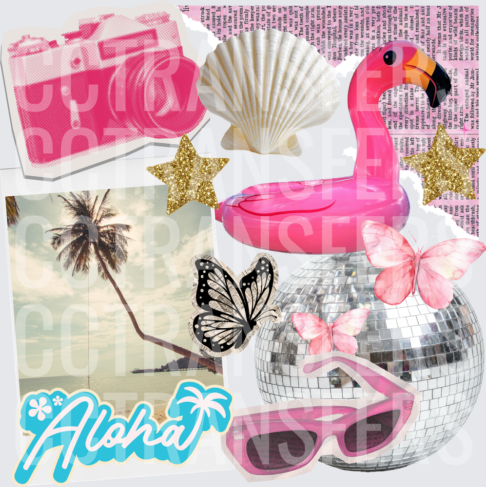 Aloha Summer Collage Pink Flamingo Disco Ball Camera (DTF)