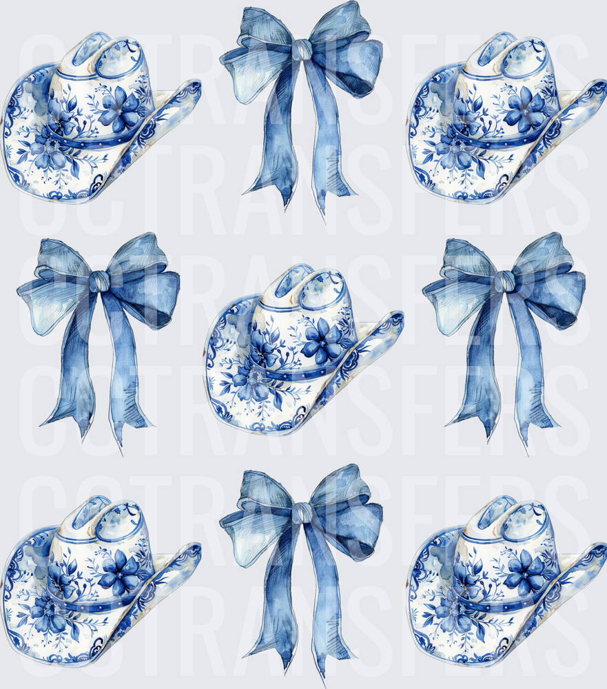 Blue Floral Porcelain Cowboy Hats and Ribbon Bows (DTF)