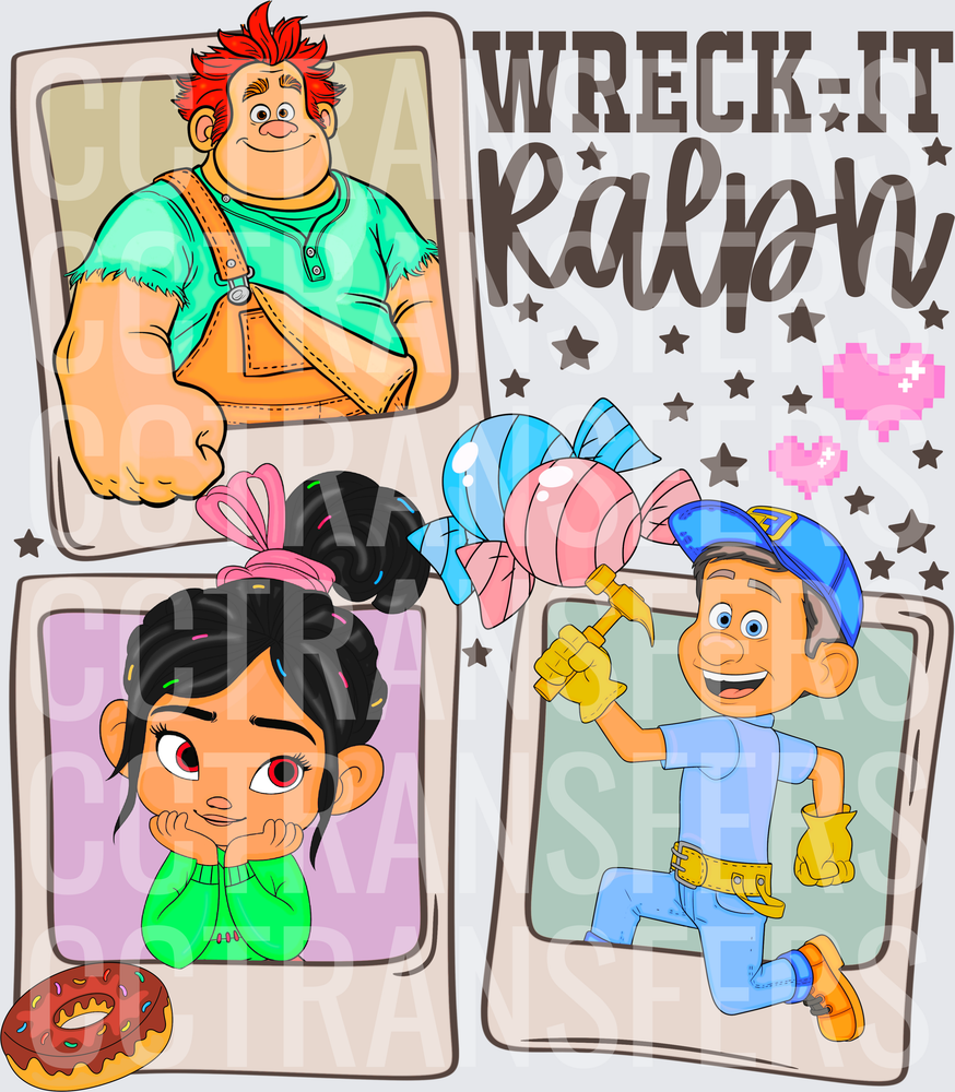 Wreck-It Ralph Characters Polaroid Collage with Pixel Hearts (DTF)