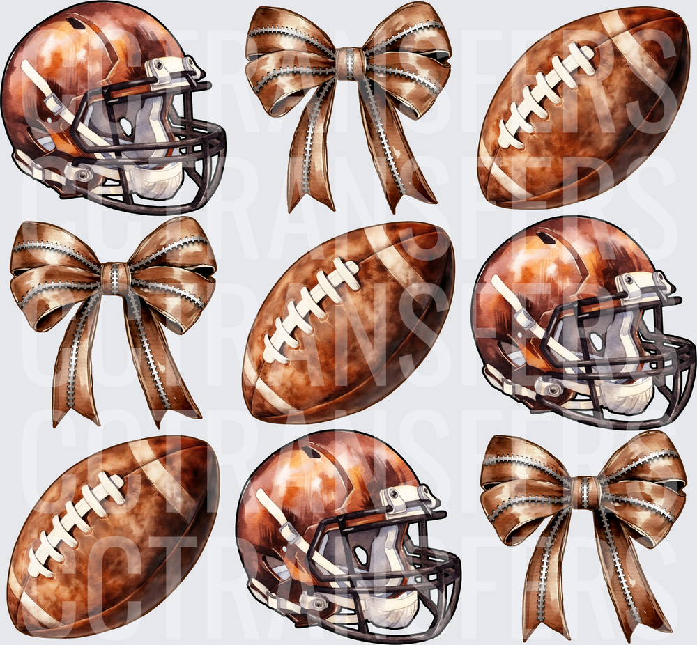 Watercolor Football Helmets Balls and Bows Bundle (DTF)