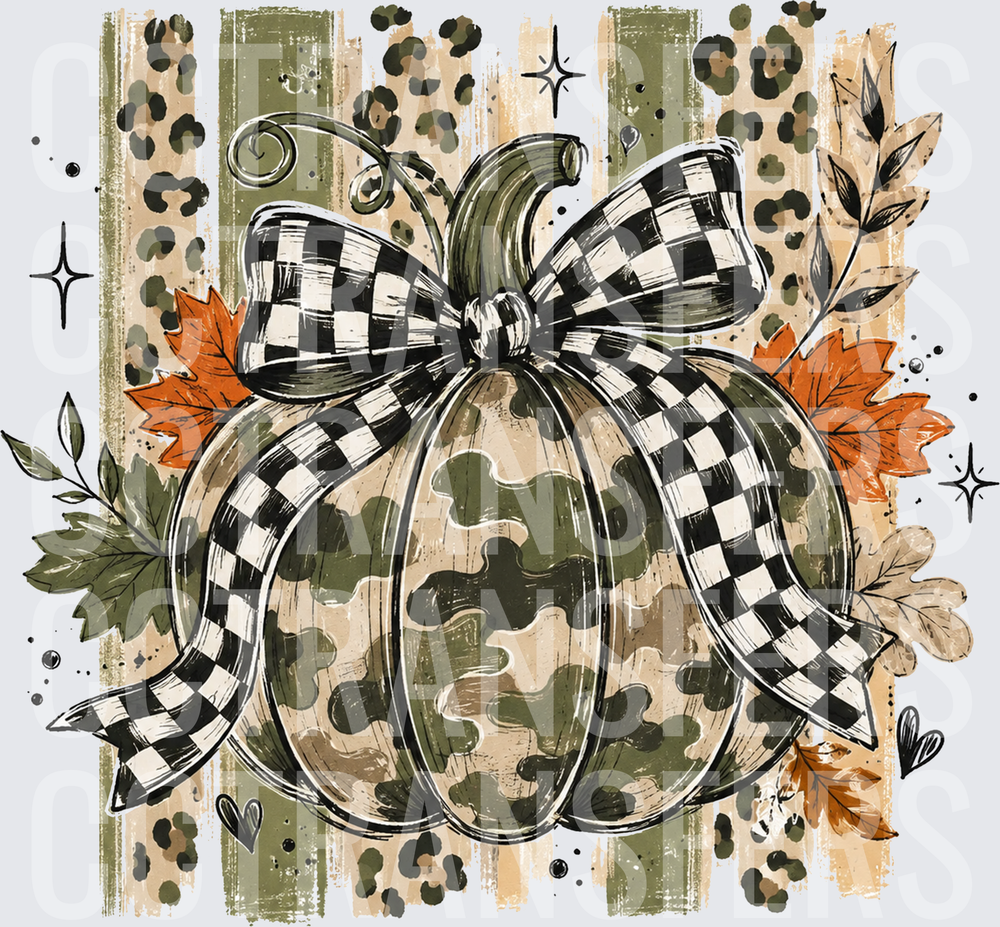 Camo Pumpkin Black White Checkered Bow Fall Leaves (DTF)