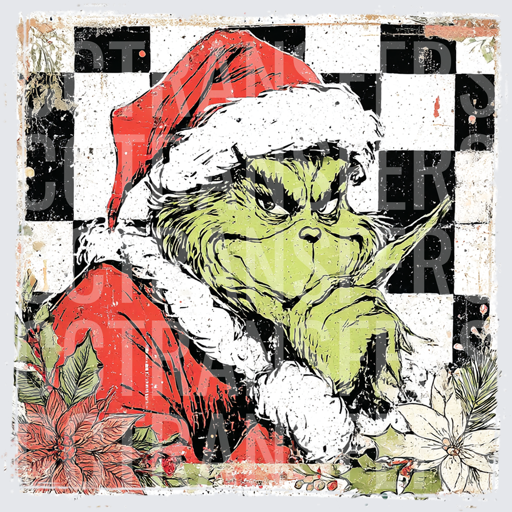 Grumpy Green G-Man Santa Checkered Poinsettia (DTF)