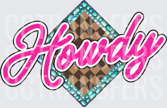 Howdy Hot Pink Script Turquoise Gem Diamond Checker (DTF)