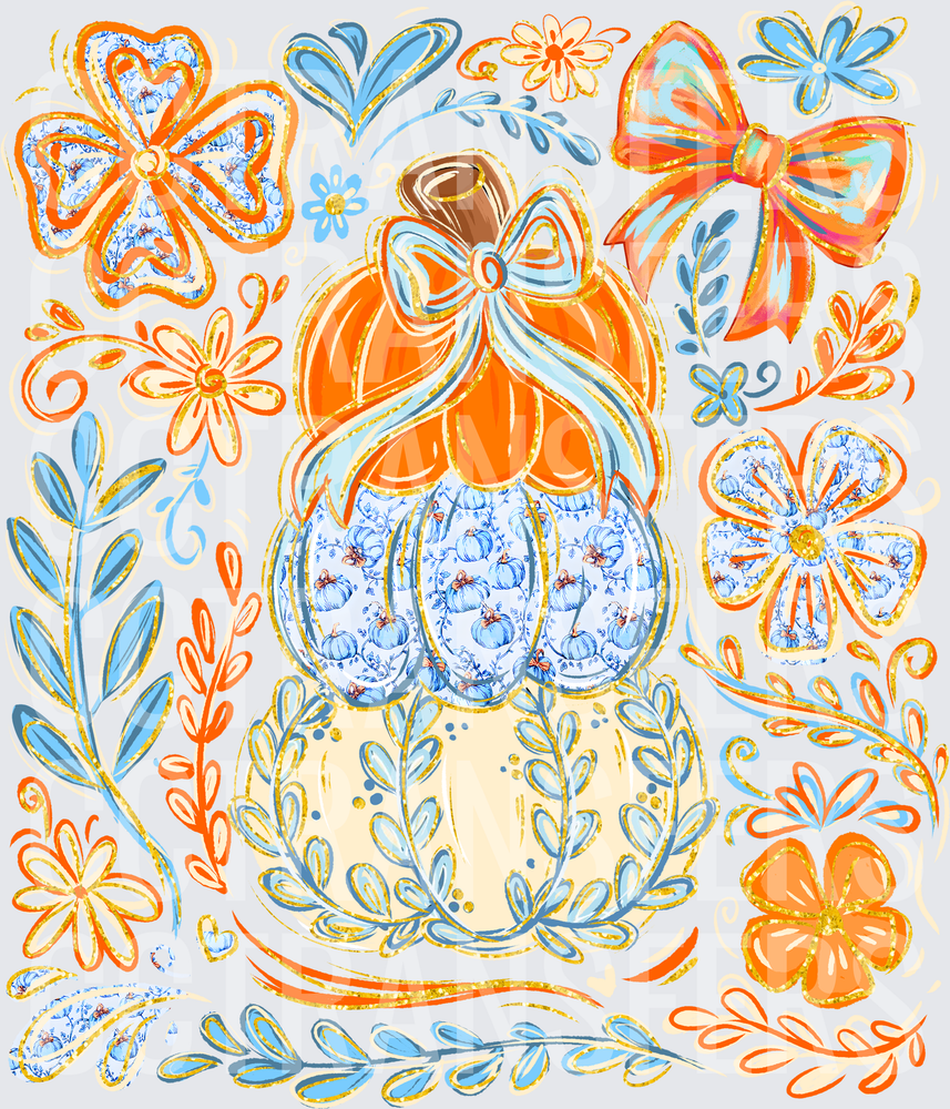 Stacked Pumpkins Bow Floral Blue Orange Fall (DTF)