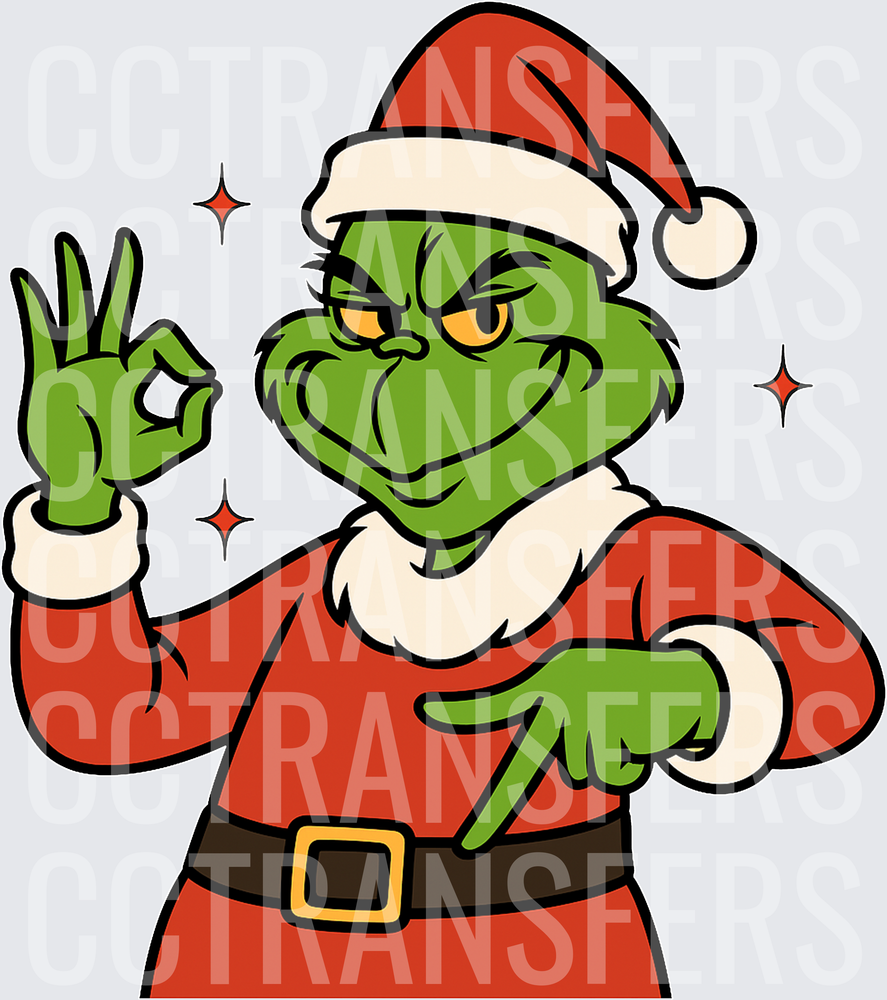 Grinch Santa Suit OK Hand Gesture Sparkles (DTF)