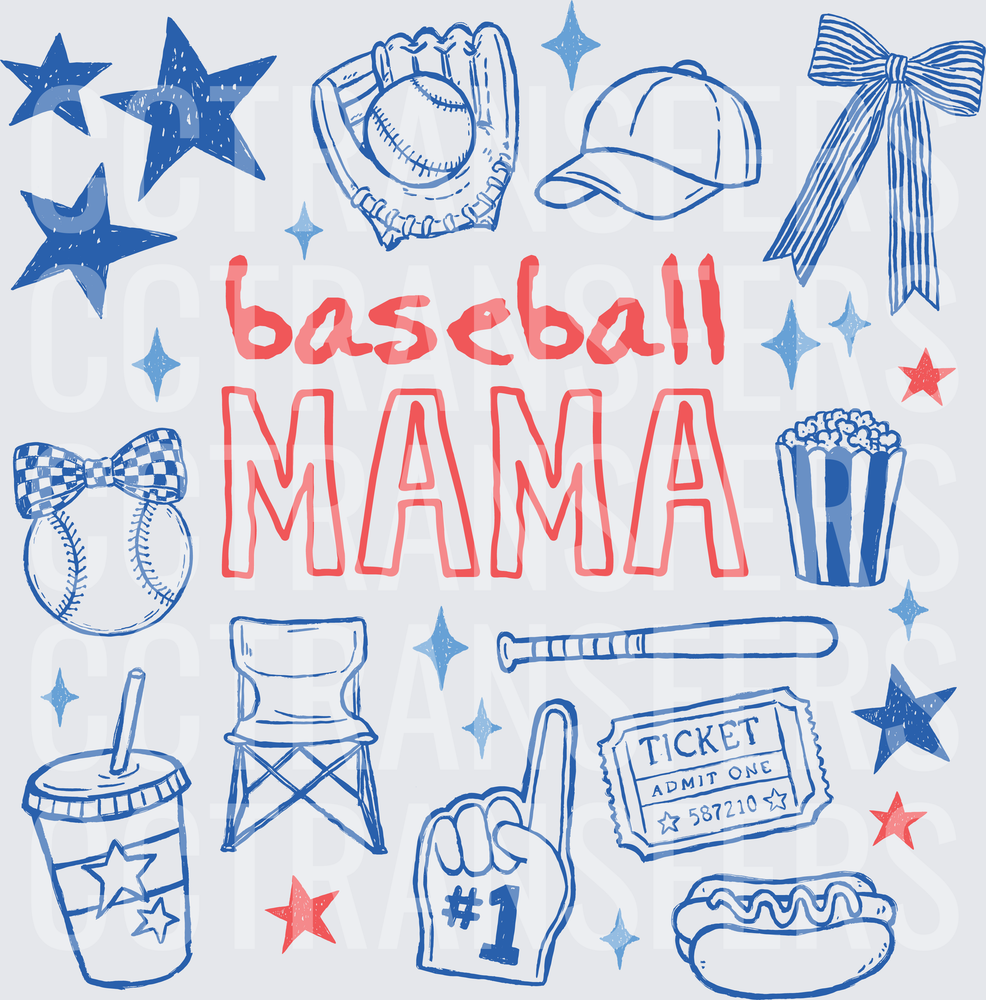 Baseball Mama Doodle Collage Red Blue (DTF)