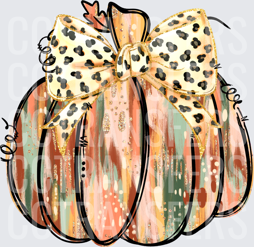Boho Brushstroke Pumpkin with Cheetah Print Bow (DTF)