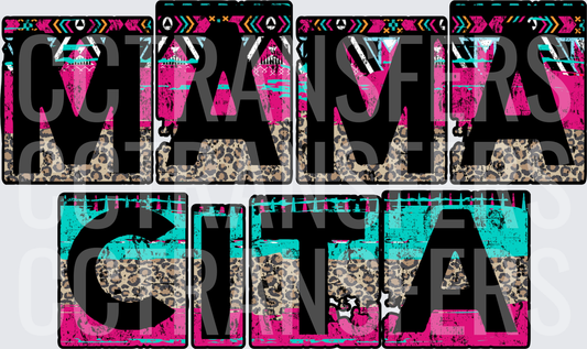 Mamacita Leopard Aztec Pink Teal Grunge Letters (DTF)