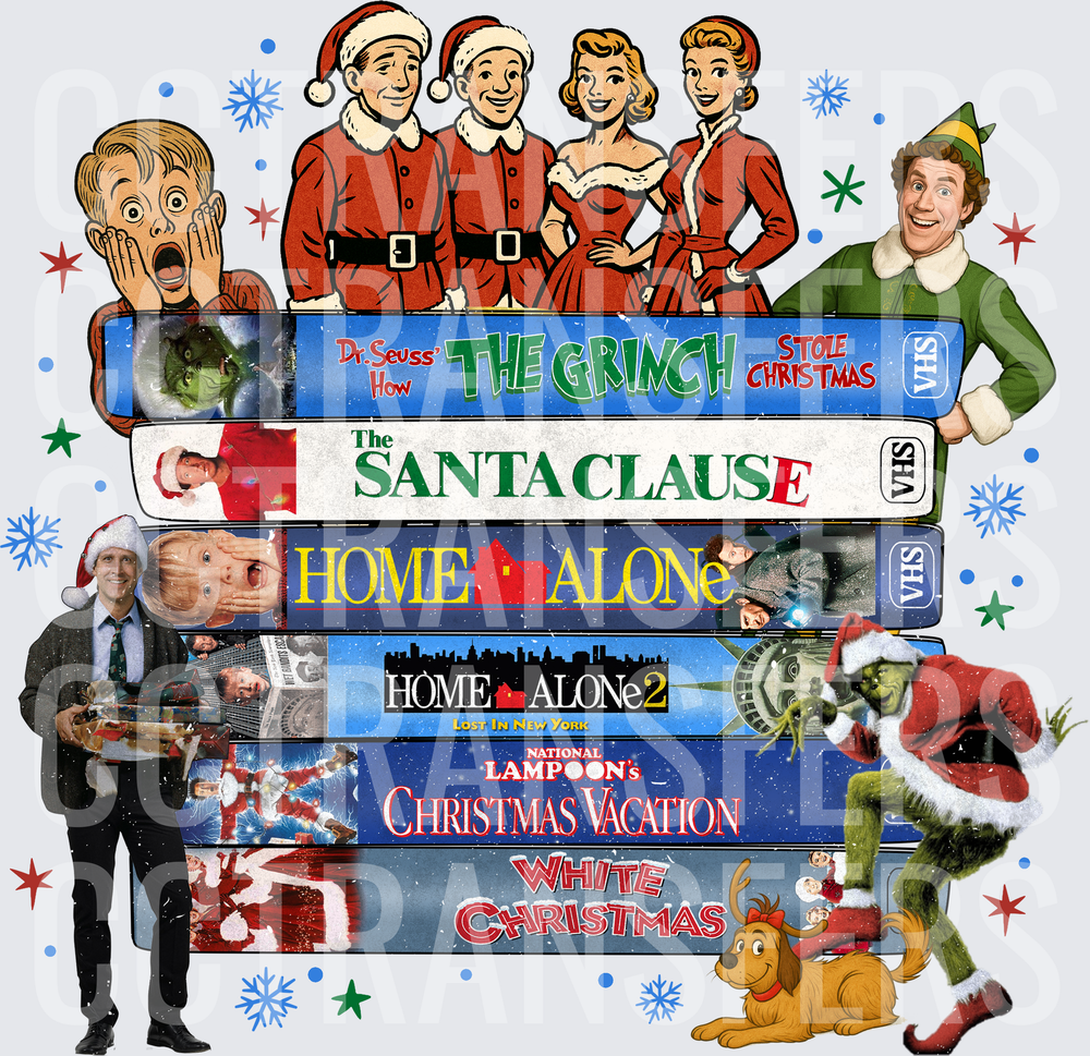 Classic Christmas Movie VHS Stack Holiday Characters Collage (DTF)