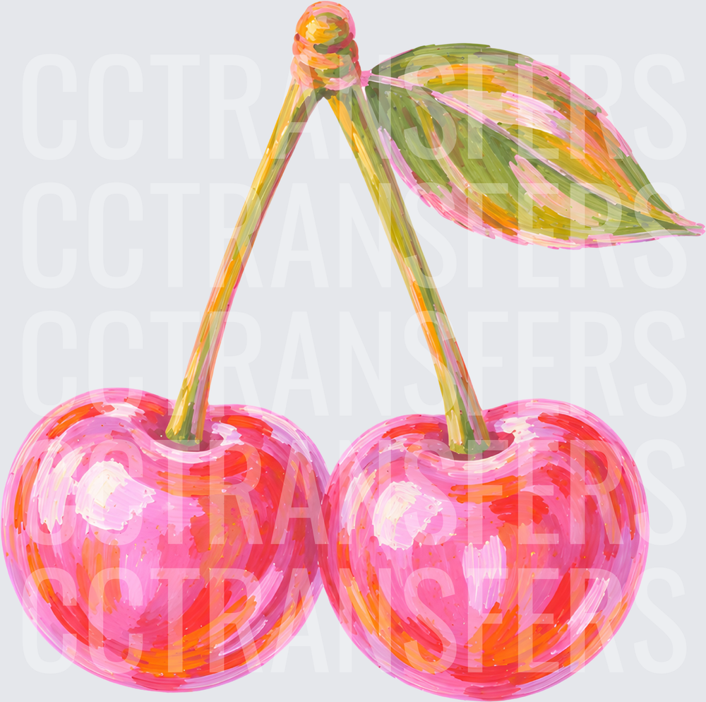 Painterly Pink Double Cherry with Green Leaf (DTF)