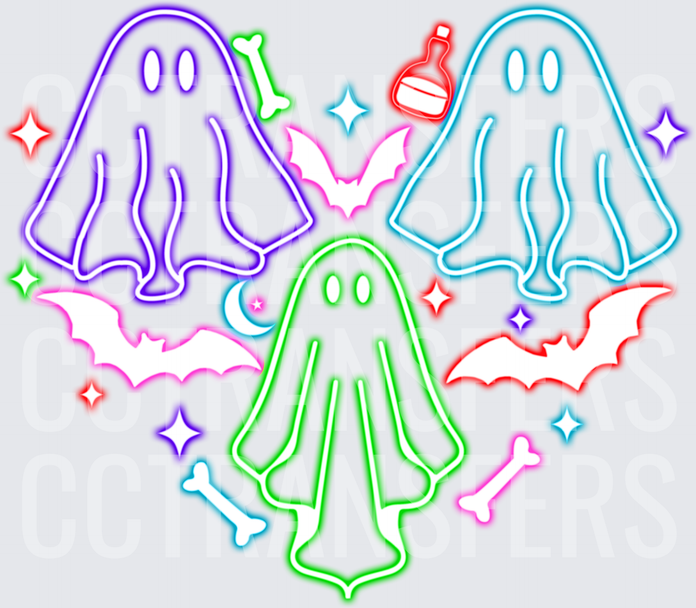 Neon Halloween Ghost Trio with Bats and Bones (DTF)