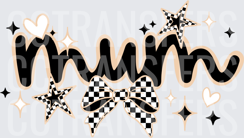Retro Mum Script Checkered Bow Stars Sparkles Hearts (DTF)