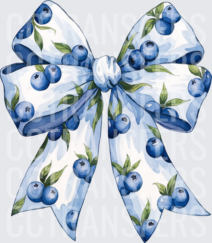 Watercolor Blueberry Ribbon Bow with Green Leaves (DTF)