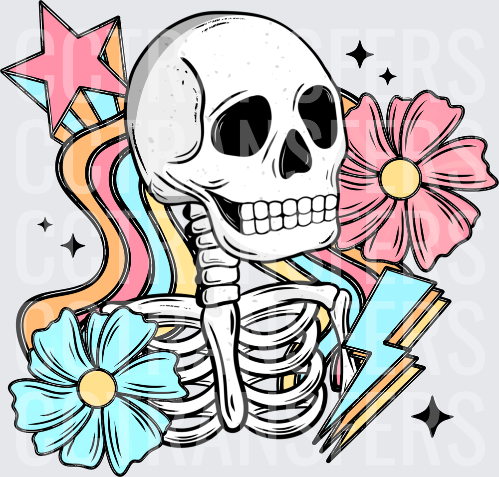 Pastel Skeleton With Flowers Stars and Lightning Bolt (DTF)