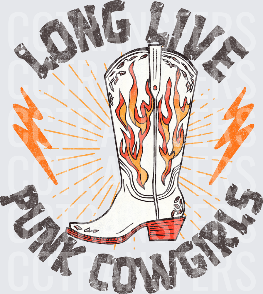 Long Live Punk Cowgirls Flaming Boot Lightning Bolt (DTF)