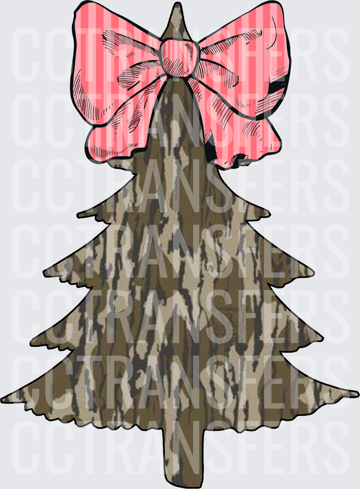 Camo Christmas Tree with Pink Striped Bow (DTF)