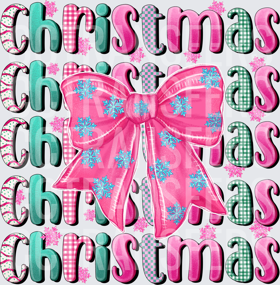 Pink Teal Christmas Repeat Stack with Bow and Snowflakes (DTF)