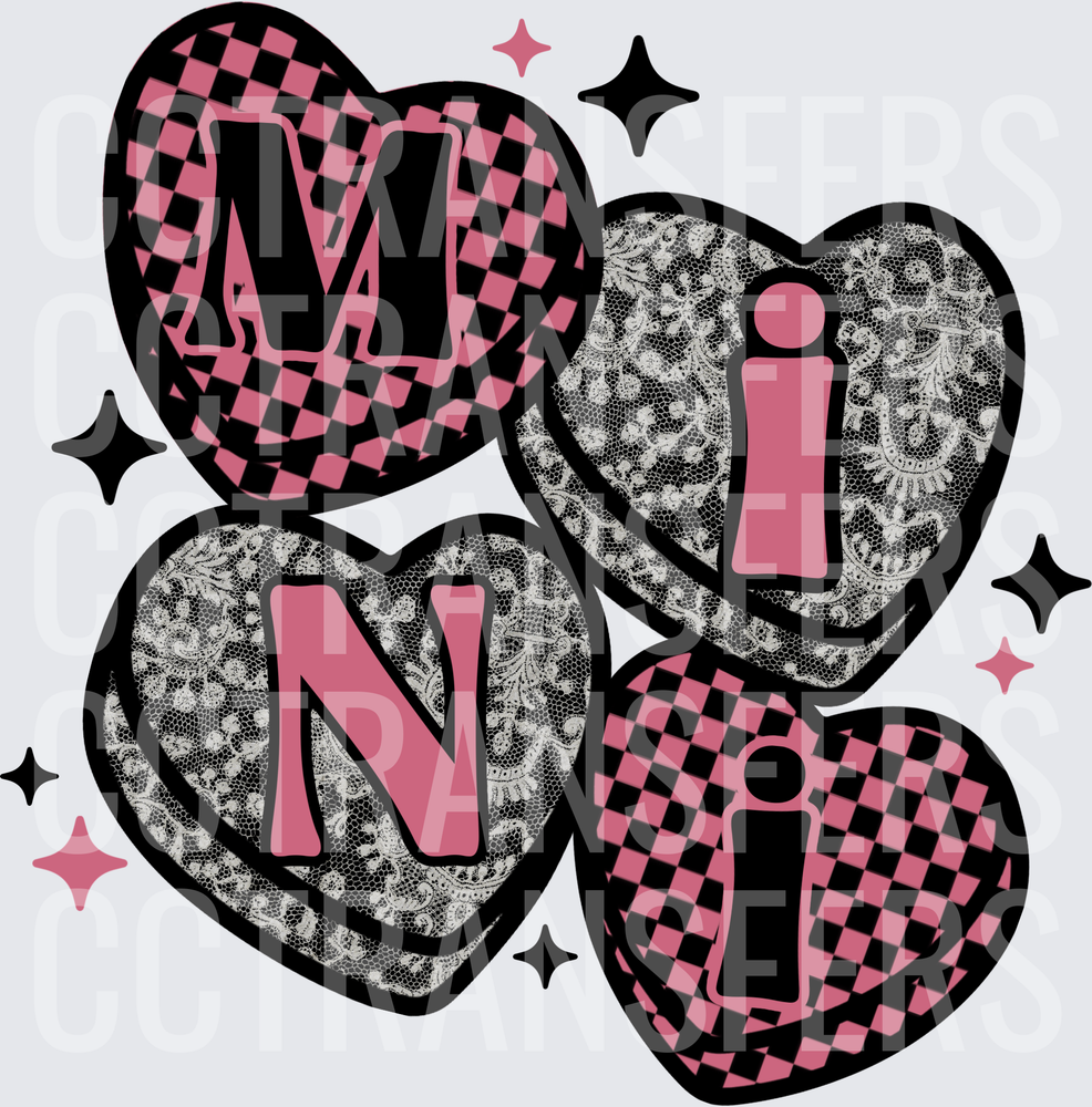 Mini Heart Cluster Checkered Lace Sparkle Pink Black (DTF)