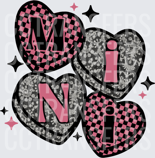 Mini Heart Cluster Checkered Lace Sparkle Pink Black (DTF)