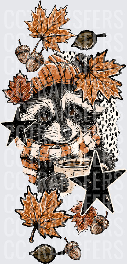 Cozy Raccoon Fall Coffee Autumn Leaves Stars Acorns (DTF)
