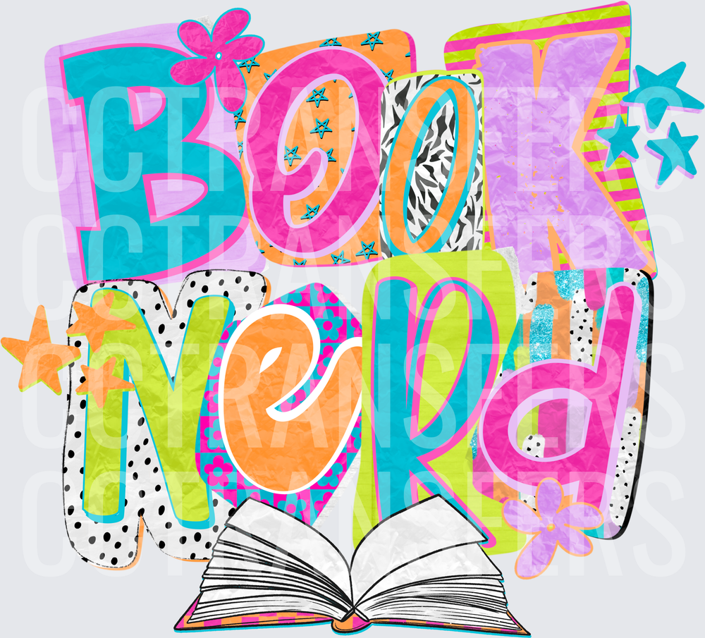 Colorful Book Nerd Open Book Stars Flowers Design (DTF)