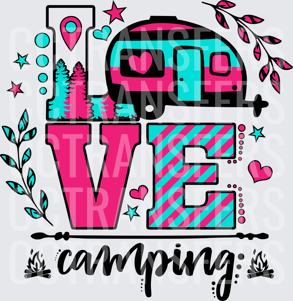 Love Camping Retro Camper Trailer Pink Teal Design (DTF)