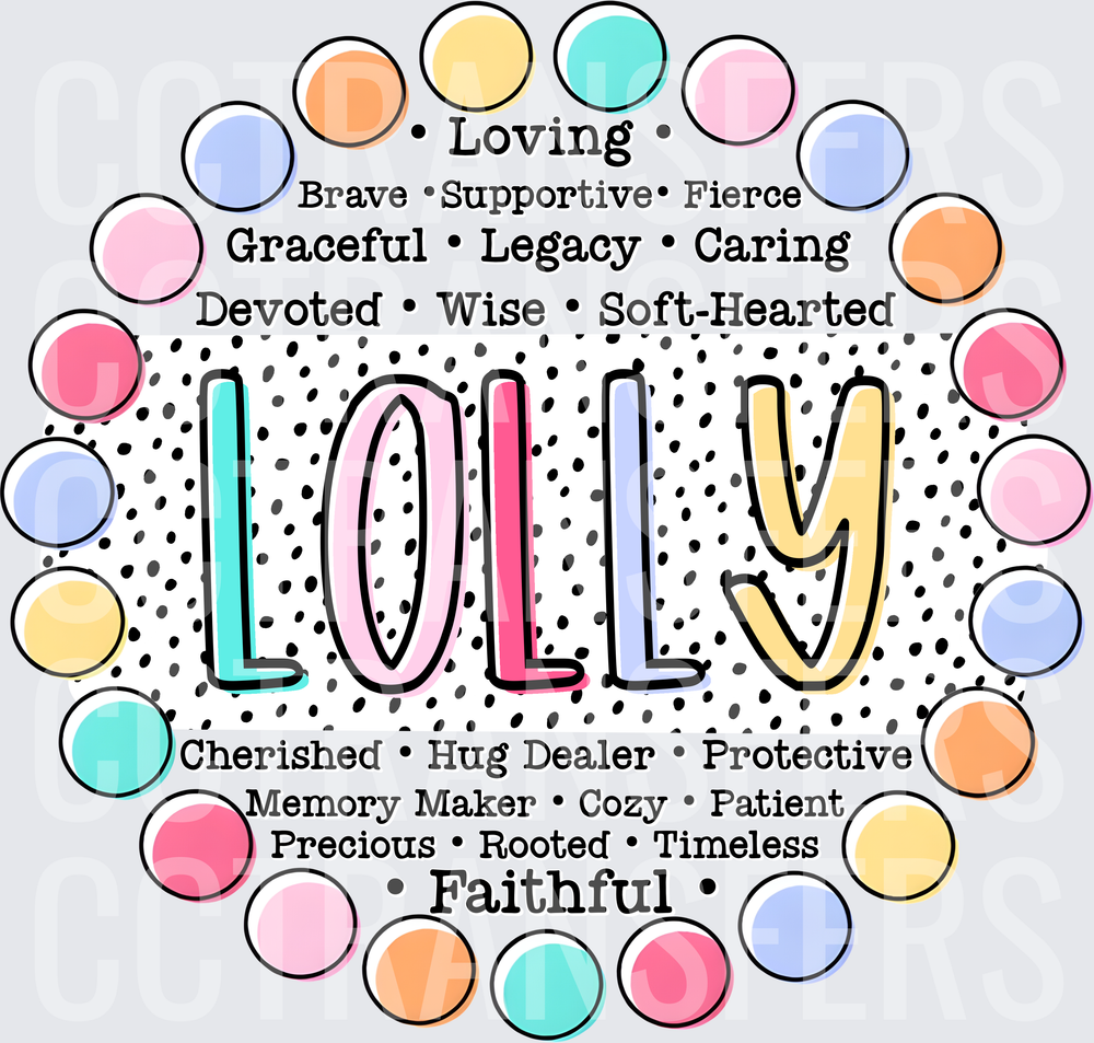 Lolly Grandma Name Colorful Polka Dot Word Art (DTF)