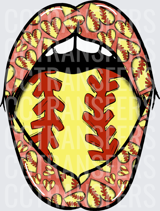 Softball Lips Tongue Heart Pattern Open Mouth (DTF)